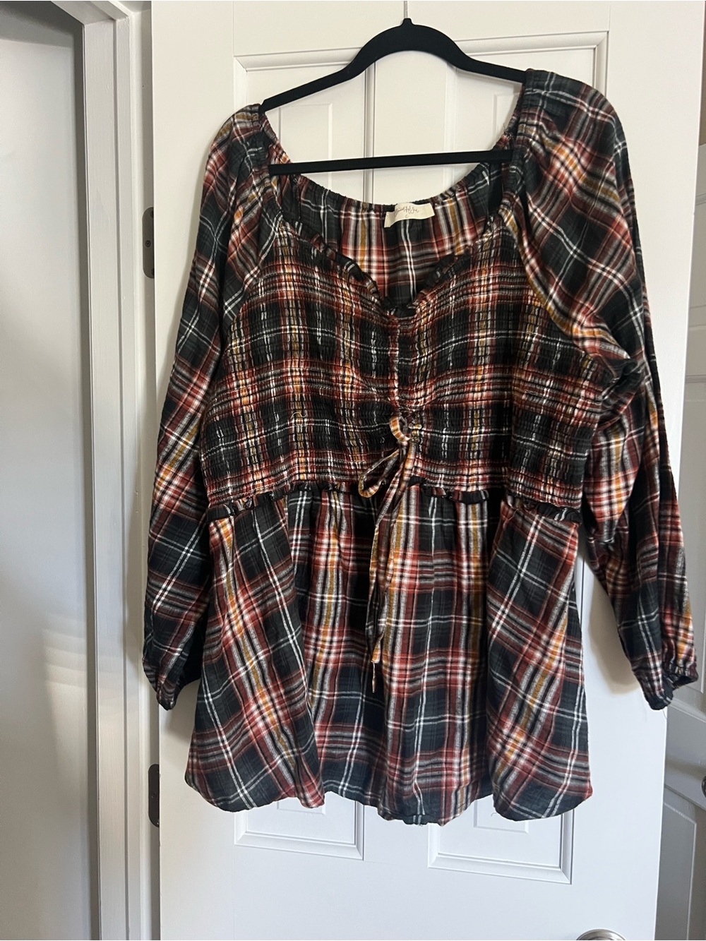 ARULA Plaid Peasant Blouse in Black, Rust and Cream